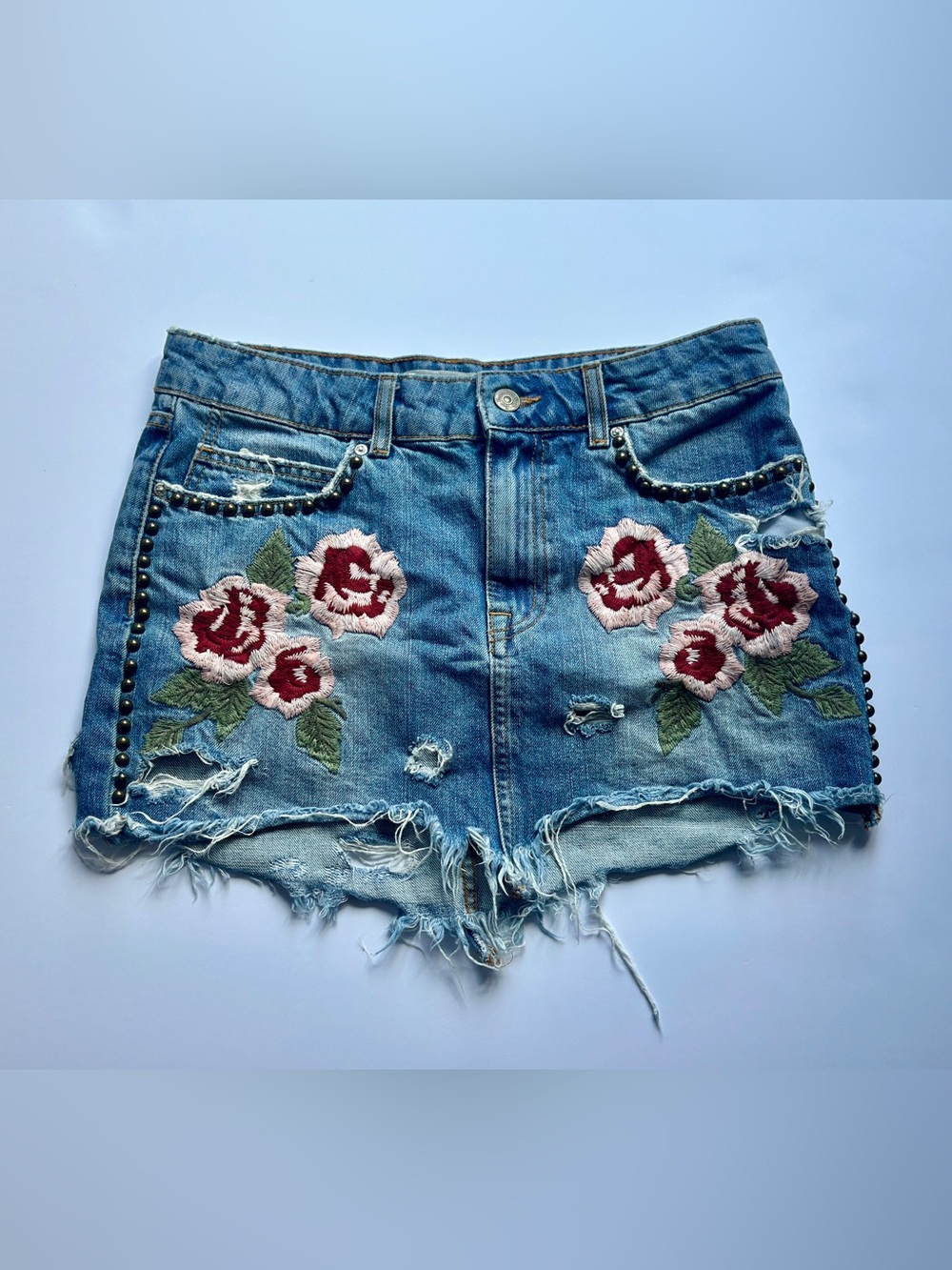 FREE PEOPLE Wild Rose Embroidered Denim Mini Skirt Boho Western Studded Distress